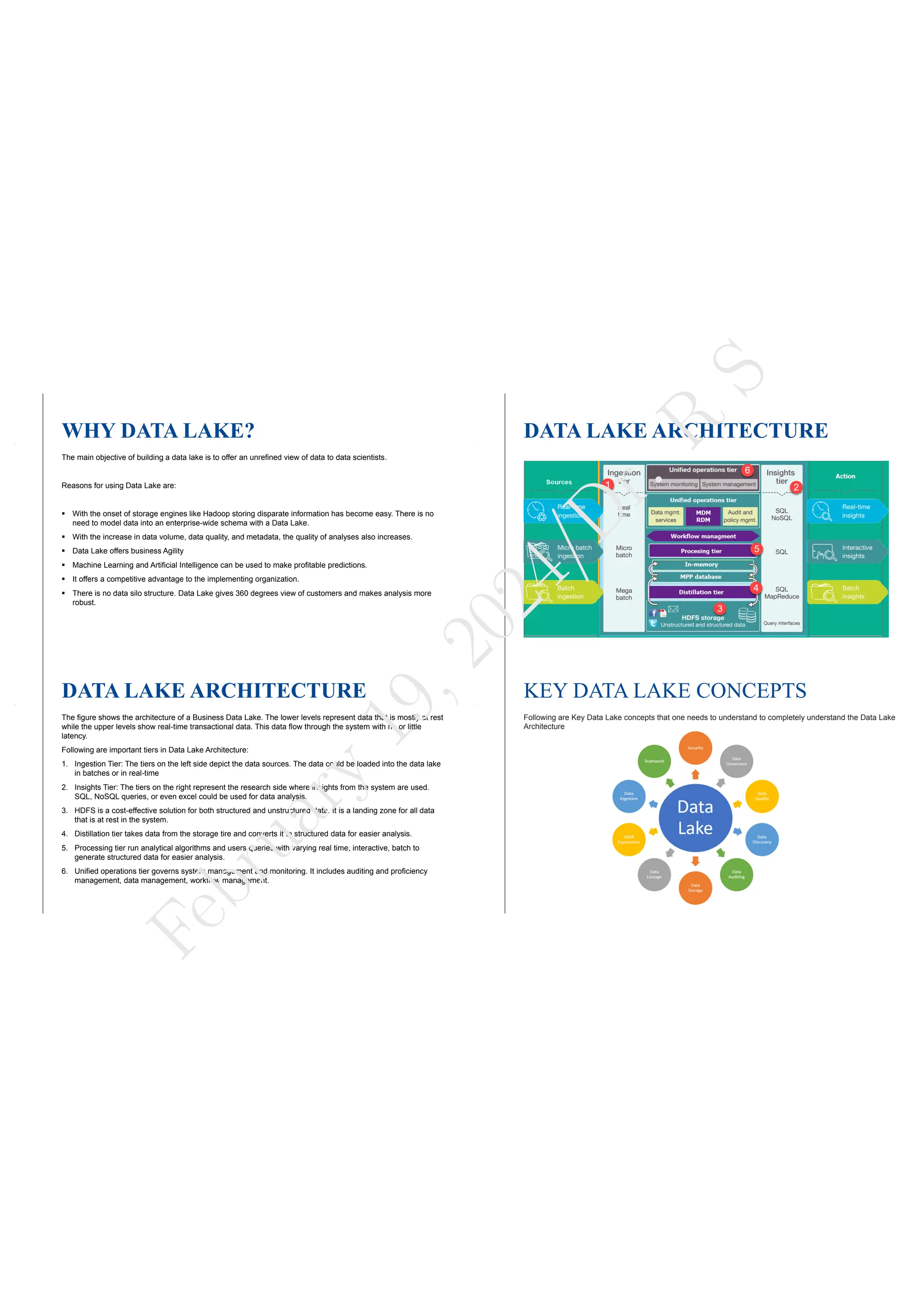 WHY DATA LAKE?
The main objective of building a data lake is to offer an unrefined view of data to data scientists.
Reasons for using Data Lake are:
 With the onset of storage engines like Hadoop storing disparate information has become easy. There is no
need to model data into an enterprise-wide schema with a Data Lake.
 With the increase in data volume, data quality, and metadata, the quality of analyses also increases.
 Data Lake offers business Agility
 Machine Learning and Artificial Intelligence can be used to make profitable predictions.
 It offers a competitive advantage to the implementing organization.
 There is no data silo structure. Data Lake gives 360 degrees view of customers and makes analysis more
robust.
DATA LAKE ARCHITECTURE
DATA LAKE ARCHITECTURE
The figure shows the architecture of a Business Data Lake. The lower levels represent data that is mostly at rest
while the upper levels show real-time transactional data. This data flow through the system with no or little
latency.
Following are important tiers in Data Lake Architecture:
1. Ingestion Tier: The tiers on the left side depict the data sources. The data could be loaded into the data lake
in batches or in real-time
2. Insights Tier: The tiers on the right represent the research side where insights from the system are used.
SQL, NoSQL queries, or even excel could be used for data analysis.
3. HDFS is a cost-effective solution for both structured and unstructured data. It is a landing zone for all data
that is at rest in the system.
4. Distillation tier takes data from the storage tire and converts it to structured data for easier analysis.
5. Processing tier run analytical algorithms and users queries with varying real time, interactive, batch to
generate structured data for easier analysis.
6. Unified operations tier governs system management and monitoring. It includes auditing and proficiency
management, data management, workflow management.
KEY DATA LAKE CONCEPTS
Following are Key Data Lake concepts that one needs to understand to completely understand the Data Lake
Architecture
F
e
b
r
u
a
r
y
1
9
,
2
0
2
4
/
D
r
.
R
S
 