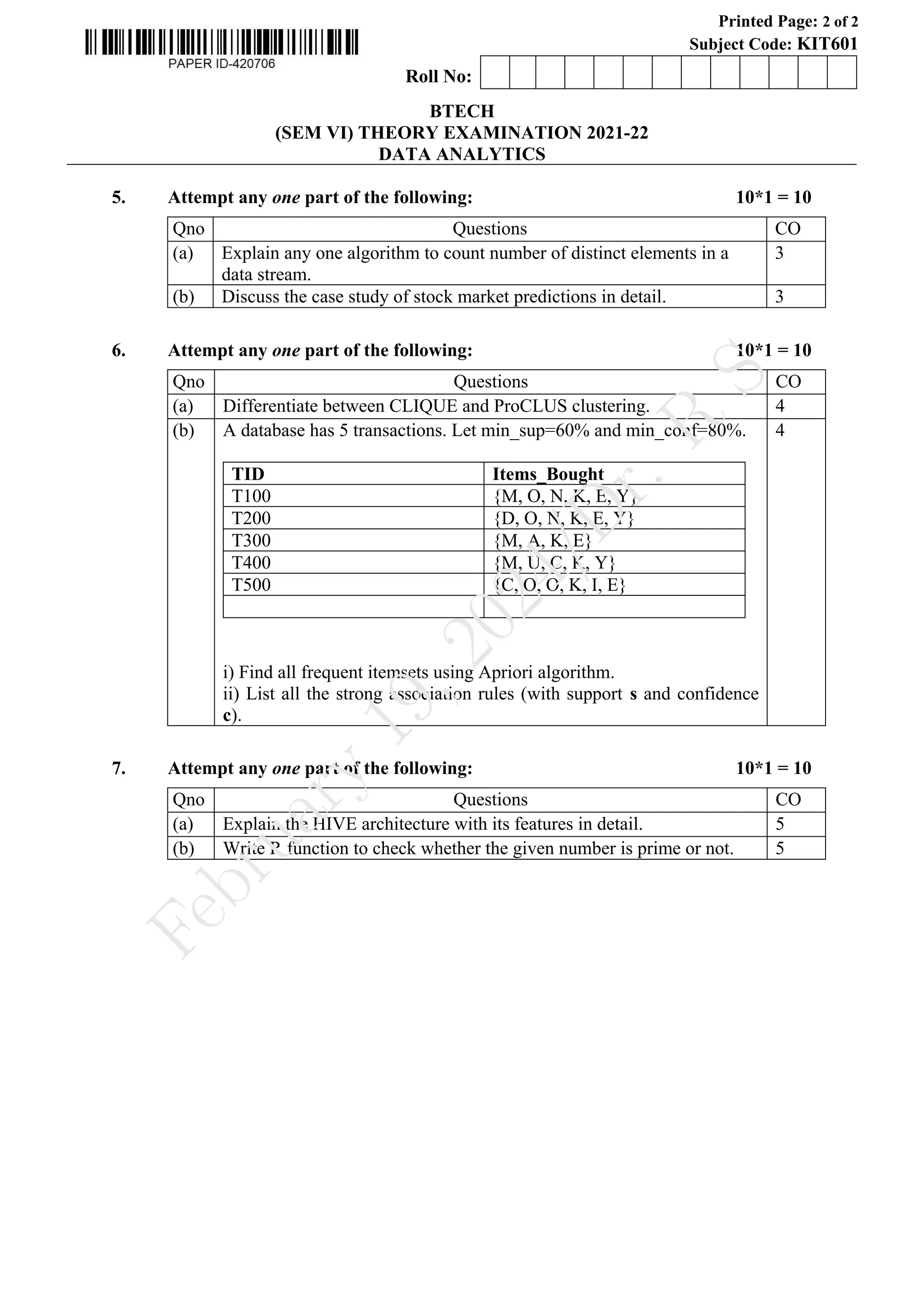 Printed Page: 2 of 2
Subject Code: KIT601
0Roll No: 0 0 0 0 0 0 0 0 0 0 0 0 0
BTECH
(SEM VI) THEORY EXAMINATION 2021-22
DATA ANALYTICS
5. Attempt any one part of the following: 10*1 = 10
Qno Questions CO
(a) Explain any one algorithm to count number of distinct elements in a
data stream.
3
(b) Discuss the case study of stock market predictions in detail. 3
6. Attempt any one part of the following: 10*1 = 10
Qno Questions CO
(a) Differentiate between CLIQUE and ProCLUS clustering. 4
(b) A database has 5 transactions. Let min_sup=60% and min_conf=80%.
TID Items_Bought
T100 {M, O, N, K, E, Y}
T200 {D, O, N, K, E, Y}
T300 {M, A, K, E}
T400 {M, U, C, K, Y}
T500 {C, O, O, K, I, E}
i) Find all frequent itemsets using Apriori algorithm.
ii) List all the strong association rules (with support s and confidence
c).
4
7. Attempt any one part of the following: 10*1 = 10
Qno Questions CO
(a) Explain the HIVE architecture with its features in detail. 5
(b) Write R function to check whether the given number is prime or not. 5
F
e
b
r
u
a
r
y
1
9
,
2
0
2
4
/
D
r
.
R
S
 