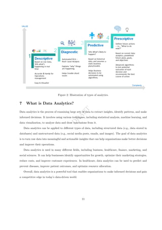 D
R
A
F
T
Figure 2: Illustration of types of analytics.
7 What is Data Analytics?
Data analytics is the process of examining large sets of data to extract insights, identify patterns, and make
informed decisions. It involves using various techniques, including statistical analysis, machine learning, and
data visualization, to analyze data and draw conclusions from it.
Data analytics can be applied to different types of data, including structured data (e.g., data stored in
databases) and unstructured data (e.g., social media posts, emails, and images). The goal of data analytics
is to turn raw data into meaningful and actionable insights that can help organizations make better decisions
and improve their operations.
Data analytics is used in many different fields, including business, healthcare, finance, marketing, and
social sciences. It can help businesses identify opportunities for growth, optimize their marketing strategies,
reduce costs, and improve customer experiences. In healthcare, data analytics can be used to predict and
prevent diseases, improve patient outcomes, and optimize resource allocation.
Overall, data analytics is a powerful tool that enables organizations to make informed decisions and gain
a competitive edge in today’s data-driven world.
11
 