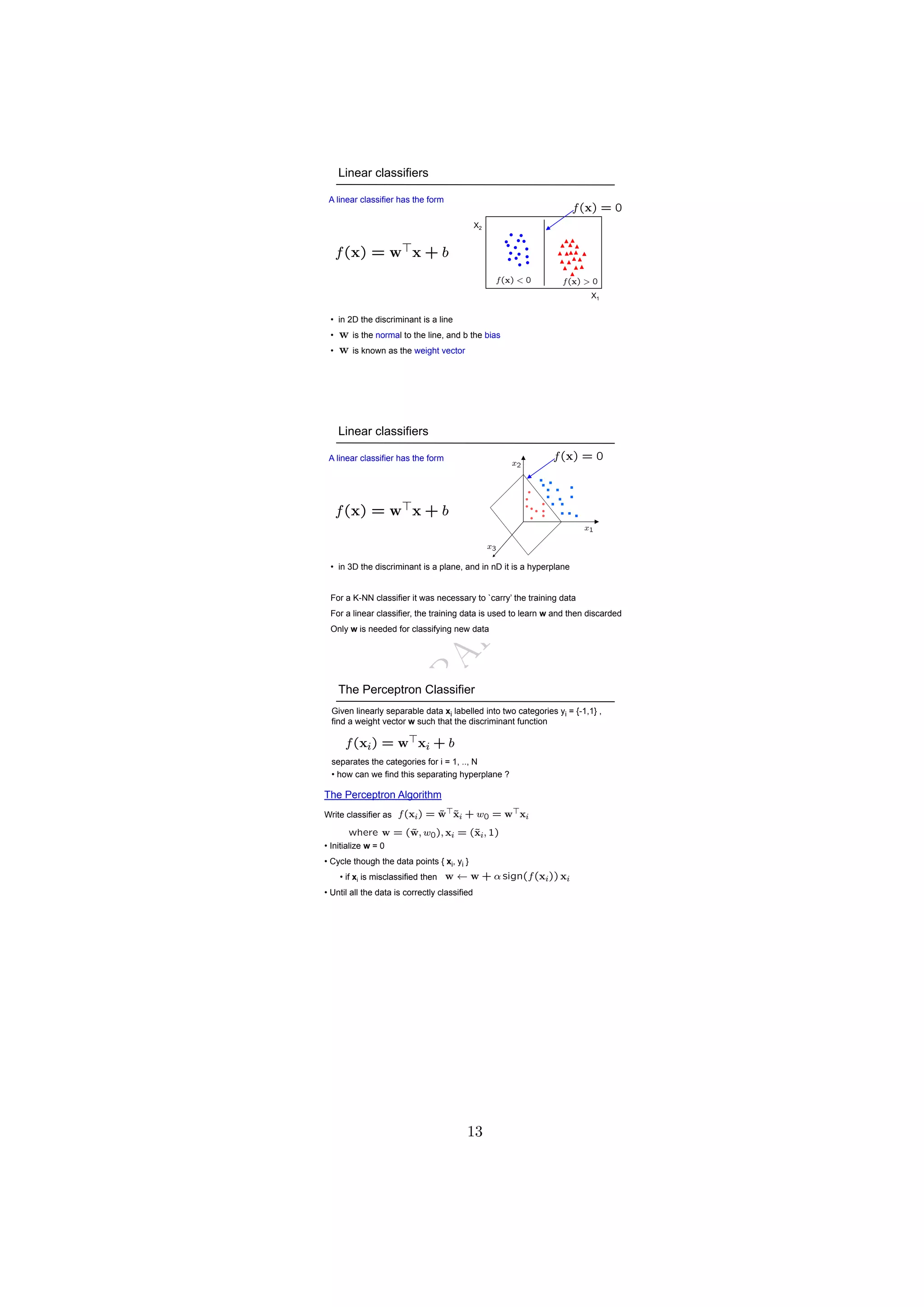 D
R
A
F
T
Linear classifiers
X2
X1
A linear classifier has the form
• in 2D the discriminant is a line
• is the normal to the line, and b the bias
• is known as the weight vector
f(x) = 0
f(x) = w>x + b
f(x) > 0
f(x) < 0
Linear classifiers
A linear classifier has the form
• in 3D the discriminant is a plane, and in nD it is a hyperplane
For a K-NN classifier it was necessary to `carry’ the training data
For a linear classifier, the training data is used to learn w and then discarded
Only w is needed for classifying new data
f(x) = 0
f(x) = w>x + b
Given linearly separable data xi labelled into two categories yi = {-1,1} ,
find a weight vector w such that the discriminant function
separates the categories for i = 1, .., N
• how can we find this separating hyperplane ?
The Perceptron Classifier
f(xi) = w>xi + b
The Perceptron Algorithm
Write classifier as
• Initialize w = 0
• Cycle though the data points { xi, yi }
• if xi is misclassified then
• Until all the data is correctly classified
w ← w + α sign(f(xi)) xi
f(xi) = w̃>x̃i + w0 = w>xi
where w = (w̃, w0), xi = (x̃i, 1)
13
 