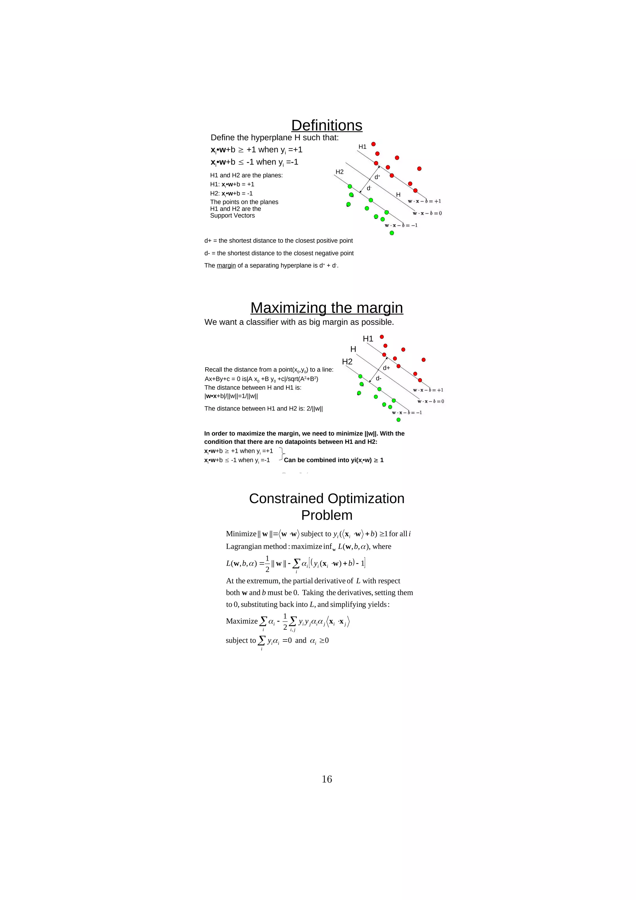 D
R
A
F
T
d+
d-
Definitions
Define the hyperplane H such that:
xi•w+b  +1 when yi =+1
xi•w+b  -1 when yi =-1
d+ = the shortest distance to the closest positive point
d- = the shortest distance to the closest negative point
The margin of a separating hyperplane is d+
+ d-
.
H
H1 and H2 are the planes:
H1: xi•w+b = +1
H2: xi•w+b = -1
The points on the planes
H1 and H2 are the
Support Vectors
H1
H2
Maximizing the margin
d+
d-
We want a classifier with as big margin as possible.
Recall the distance from a point(x0,y0) to a line:
Ax+By+c = 0 is|A x0 +B y0 +c|/sqrt(A2
+B2
)
The distance between H and H1 is:
|w•x+b|/||w||=1/||w||
The distance between H1 and H2 is: 2/||w||
In order to maximize the margin, we need to minimize ||w||. With the
condition that there are no datapoints between H1 and H2:
xi•w+b  +1 when yi =+1
xi•w+b  -1 when yi =-1 Can be combined into yi(xi•w)  1
H1
H2
H
Constrained Optimization
Problem
 
 
0
and
0
subject to
2
1
Maximize
:
yields
g
simplifyin
and
,
into
back
ng
substituti
0,
to
them
setting
s,
derivative
the
Taking
0.
be
must
and
both
respect
with
of
derivative
partial
the
extremum,
At the
1
)
(
||
||
2
1
)
,
,
(
where
,
)
,
,
(
inf
maximize
:
method
Lagrangian
all
for
1
)
(
subject to
||
||
Minimize
,















 

i
i
i
i
i j
i
j
i
j
i
j
i
i
i
i
i
i
i
i
y
y
y
L
b
L
b
y
b
L
b
L
i
b
y








x
x
w
w
x
w
w
w
w
x
w
w
w
w
16
 