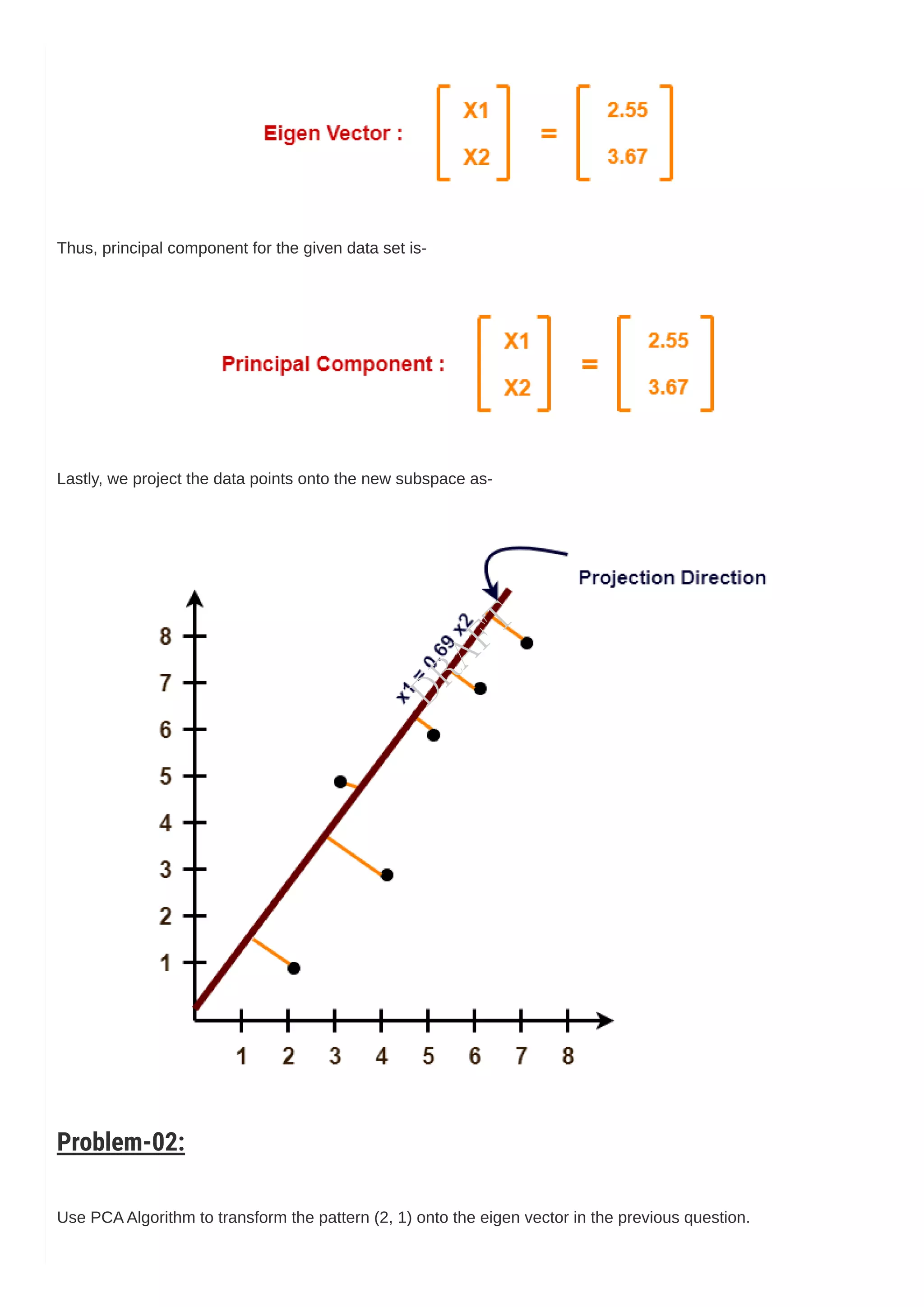 Thus, principal component for the given data set is-
Lastly, we project the data points onto the new subspace as-
Problem-02:
Use PCAAlgorithm to transform the pattern (2, 1) onto the eigen vector in the previous question.
D
R
A
F
T
 