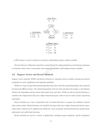 D
R
A
F
T
ˆ BN cannot be used to model the correlation relationships between random variables.
Overall, inference in Bayesian networks is a powerful tool for making predictions and drawing conclusions
in situations where there is uncertainty and complex probabilistic relationships between variables.
4.2 Support Vector and Kernel Methods
Support vector machines (SVMs) and kernel methods are commonly used in machine learning and pattern
recognition to solve classification and regression problems.
SVMs are a type of supervised learning algorithm that aims to find the optimal hyperplane that separates
the data into different classes. The optimal hyperplane is the one that maximizes the margin, or the distance
between the hyperplane and the closest data points from each class. SVMs can also use kernel functions to
transform the original input data into a higher dimensional space, where it may be easier to find a separating
hyperplane.
Kernel methods are a class of algorithms that use kernel functions to compute the similarity between
pairs of data points. Kernel functions can transform the input data into a higher dimensional feature space,
where linear methods can be applied more effectively. Some commonly used kernel functions include linear,
polynomial, and radial basis functions.
Kernel methods are used in a variety of applications, including image recognition, speech recognition,
11
 