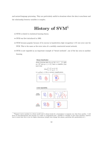 D
R
A
F
T
and natural language processing. They are particularly useful in situations where the data is non-linear and
the relationship between variables is complex.
History of SVM6
ˆ SVM is related to statistical learning theory.
ˆ SVM was first introduced in 1992.
ˆ SVM becomes popular because of its success in handwritten digit recognition 1.1% test error rate for
SVM. This is the same as the error rates of a carefully constructed neural network.
ˆ SVM is now regarded as an important example of “kernel methods”, one of the key area in machine
learning
Binary Classification
Given training data (xi, yi) for i = 1 . . . N, with
xi ∈ Rd and yi ∈ {−1, 1}, learn a classifier f(x)
such that
f(xi)
(
≥ 0 yi = +1
< 0 yi = −1
i.e. yif(xi) > 0 for a correct classification.
Linear separability
linearly
separable
not
linearly
separable
6Support vector machine is a linear model and it always looks for a hyperplane to separate one class from another. I will
focus on two-dimensional case because it is easier to comprehend and - possible to visualize to give some intuition, however
bear in mind that this is true for higher dimensions (simply lines change into planes, parabolas into paraboloids etc.).
12
 