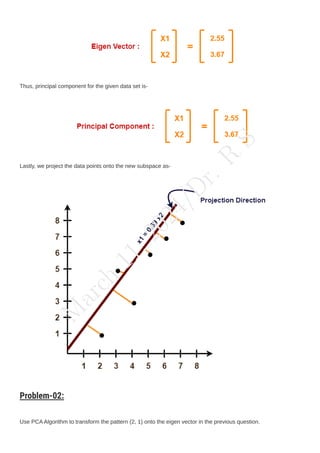 Thus, principal component for the given data set is-
Lastly, we project the data points onto the new subspace as-
Problem-02:
Use PCAAlgorithm to transform the pattern (2, 1) onto the eigen vector in the previous question.
M
a
r
c
h
1
1
,
2
0
2
4
/
D
r
.
R
S
 
