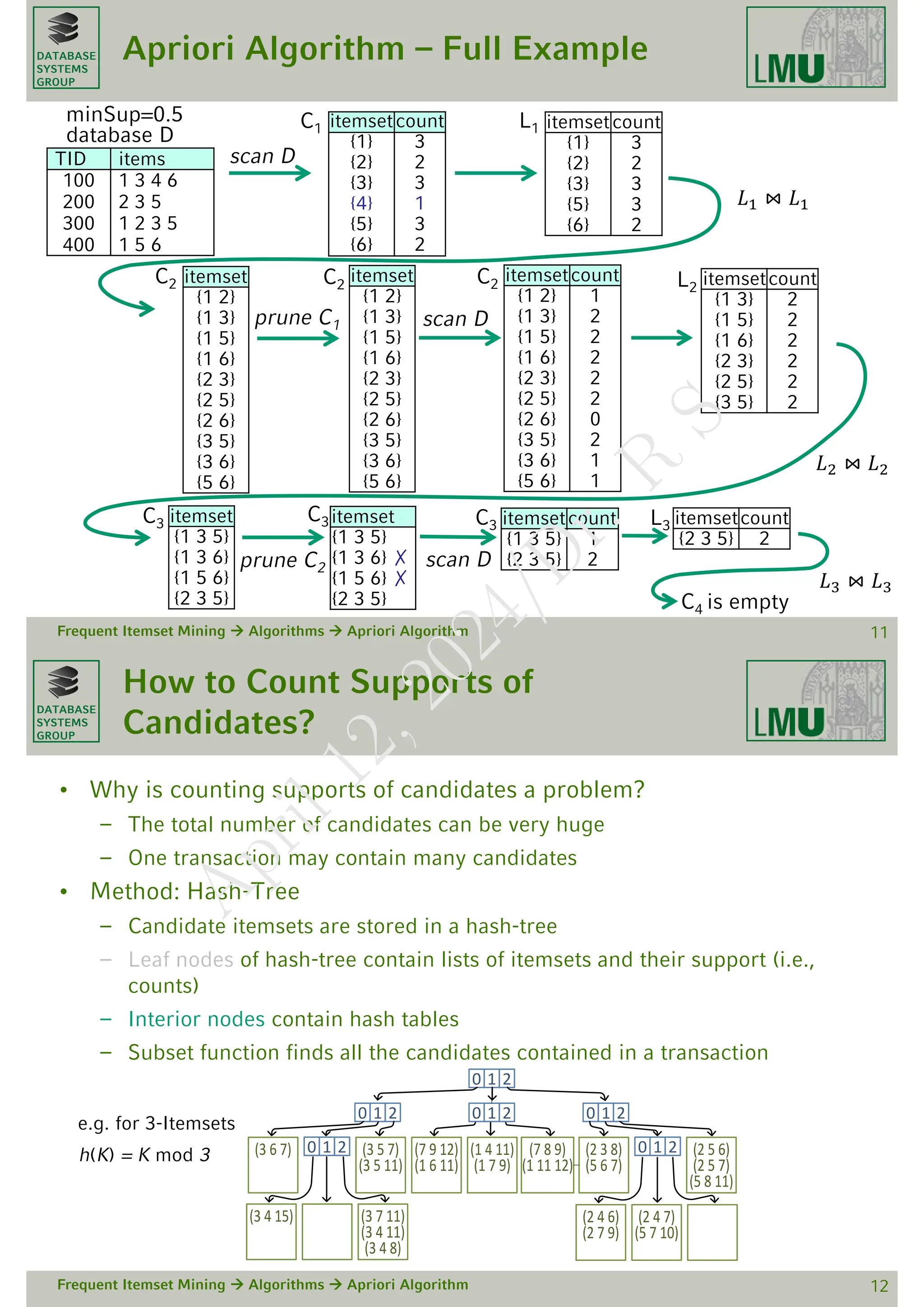 DATABASE
SYSTEMS
GROUP
Apriori Algorithm – Full Example
TID items
100 1 3 4 6
200 2 3 5
300 1 2 3 5
400 1 5 6
Frequent Itemset Mining  Algorithms  Apriori Algorithm 11
itemsetcount
{1} 3
{2} 2
{3} 3
{4} 1
{5} 3
{6} 2
database D
scan D
minSup=0.5 C1 itemsetcount
{1} 3
{2} 2
{3} 3
{5} 3
{6} 2
L1
𝐿1 ⋈ 𝐿1
itemset
{1 2}
{1 3}
{1 5}
{1 6}
{2 3}
{2 5}
{2 6}
{3 5}
{3 6}
{5 6}
C2
prune C1 scan D
C2 C2 itemsetcount
{1 3} 2
{1 5} 2
{1 6} 2
{2 3} 2
{2 5} 2
{3 5} 2
L2
itemset
{1 2}
{1 3}
{1 5}
{1 6}
{2 3}
{2 5}
{2 6}
{3 5}
{3 6}
{5 6}
itemsetcount
{1 2} 1
{1 3} 2
{1 5} 2
{1 6} 2
{2 3} 2
{2 5} 2
{2 6} 0
{3 5} 2
{3 6} 1
{5 6} 1
𝐿2 ⋈ 𝐿2
itemset
{1 3 5}
{1 3 6}
{1 5 6}
{2 3 5}
C3
prune C2
itemset
{1 3 5}
{1 3 6} ✗
{1 5 6} ✗
{2 3 5}
C3
scan D
itemsetcount
{1 3 5} 1
{2 3 5} 2
C3 itemsetcount
{2 3 5} 2
L3
𝐿3 ⋈ 𝐿3
C4 is empty
DATABASE
SYSTEMS
GROUP
How to Count Supports of
Candidates?
• Why is counting supports of candidates a problem?
– The total number of candidates can be very huge
– One transaction may contain many candidates
• Method: Hash-Tree
– Candidate itemsets are stored in a hash-tree
– Leaf nodes of hash-tree contain lists of itemsets and their support (i.e.,
counts)
– Interior nodes contain hash tables
– Subset function finds all the candidates contained in a transaction
Frequent Itemset Mining  Algorithms  Apriori Algorithm 12
h(K) = K mod 3
e.g. for 3-Itemsets
0 1 2
0 1 2 0 1 2 0 1 2
(3 6 7) 0 1 2 (3 5 7)
(3 5 11)
(7 9 12)
(1 6 11)
(1 4 11)
(1 7 9)
(7 8 9)
(1 11 12)
(2 3 8)
(5 6 7)
0 1 2 (2 5 6)
(2 5 7)
(5 8 11)
(3 4 15) (3 7 11)
(3 4 11)
(3 4 8)
(2 4 6)
(2 7 9)
(2 4 7)
(5 7 10)
A
p
r
i
l
1
2
,
2
0
2
4
/
D
r
.
R
S
 