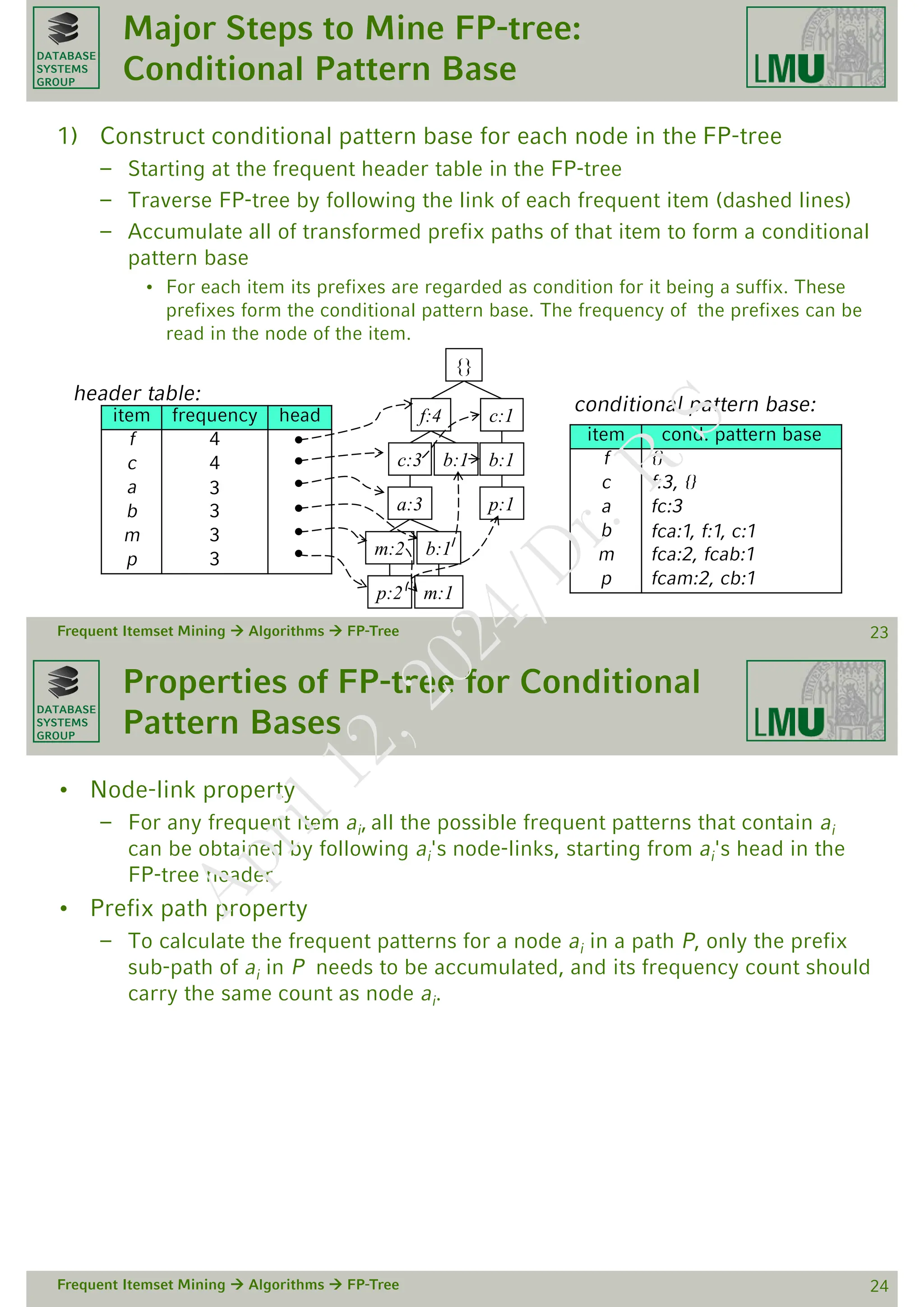DATABASE
SYSTEMS
GROUP
Major Steps to Mine FP-tree:
Conditional Pattern Base
1) Construct conditional pattern base for each node in the FP-tree
– Starting at the frequent header table in the FP-tree
– Traverse FP-tree by following the link of each frequent item (dashed lines)
– Accumulate all of transformed prefix paths of that item to form a conditional
pattern base
• For each item its prefixes are regarded as condition for it being a suffix. These
prefixes form the conditional pattern base. The frequency of the prefixes can be
read in the node of the item.
Frequent Itemset Mining  Algorithms  FP-Tree 23
{}
f:4 c:1
b:1
p:1
b:1
c:3
a:3
b:1
m:2
p:2 m:1
item frequency head
f 4
c 4
a 3
b 3
m 3
p 3
header table:
item cond. pattern base
f {}
c f:3, {}
a fc:3
b fca:1, f:1, c:1
m fca:2, fcab:1
p fcam:2, cb:1
conditional pattern base:
DATABASE
SYSTEMS
GROUP
Properties of FP-tree for Conditional
Pattern Bases
• Node-link property
– For any frequent item ai, all the possible frequent patterns that contain ai
can be obtained by following ai's node-links, starting from ai's head in the
FP-tree header
• Prefix path property
– To calculate the frequent patterns for a node ai in a path P, only the prefix
sub-path of ai in P needs to be accumulated, and its frequency count should
carry the same count as node ai.
Frequent Itemset Mining  Algorithms  FP-Tree 24
A
p
r
i
l
1
2
,
2
0
2
4
/
D
r
.
R
S
 
