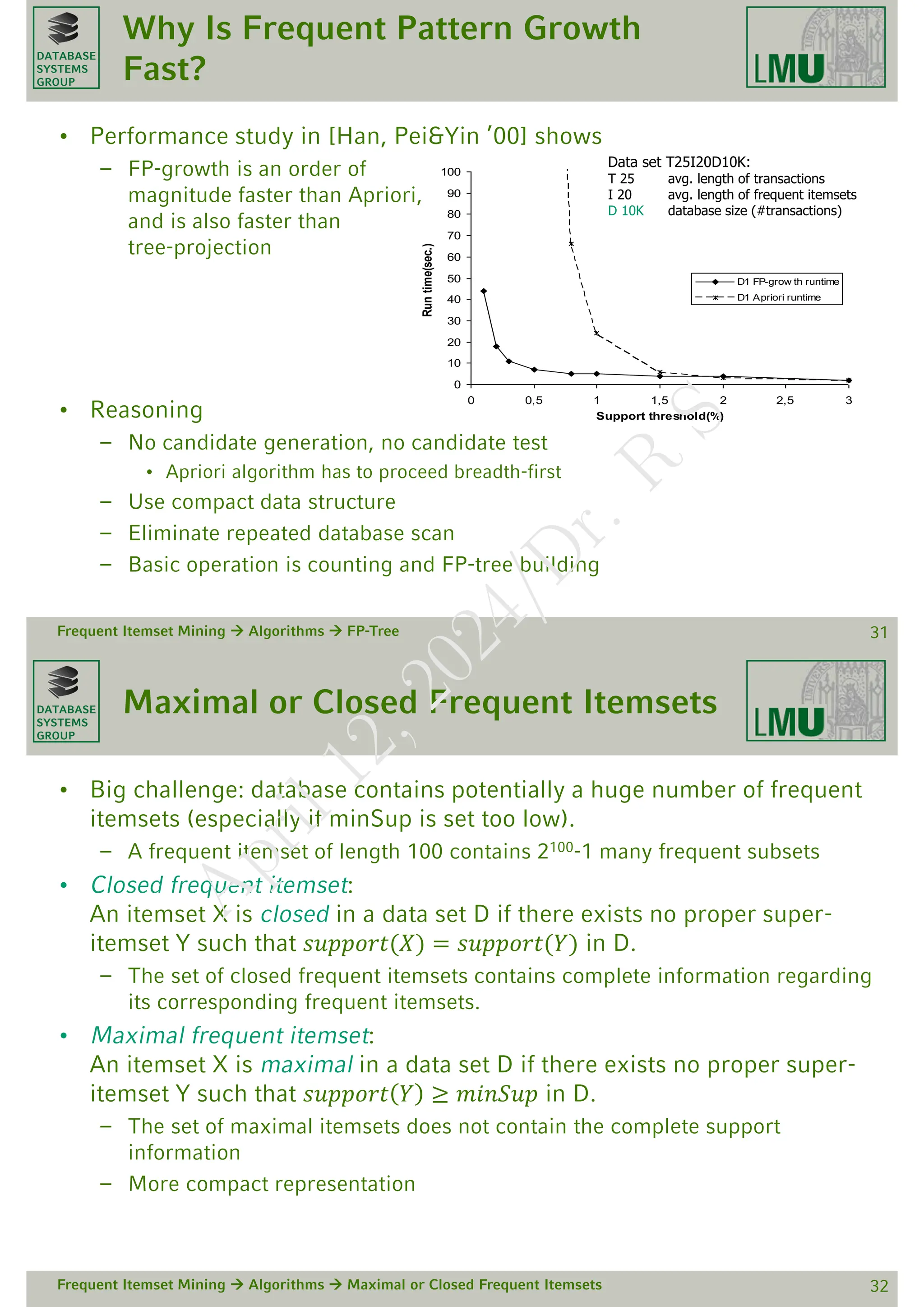 DATABASE
SYSTEMS
GROUP
0
10
20
30
40
50
60
70
80
90
100
0 0,5 1 1,5 2 2,5 3
Support threshold(%)
Run
time(sec.)
D1 FP-grow th runtime
D1 Apriori runtime
Why Is Frequent Pattern Growth
Fast?
• Performance study in [Han, Pei&Yin ’00] shows
– FP-growth is an order of
magnitude faster than Apriori,
and is also faster than
tree-projection
• Reasoning
– No candidate generation, no candidate test
• Apriori algorithm has to proceed breadth-first
– Use compact data structure
– Eliminate repeated database scan
– Basic operation is counting and FP-tree building
Frequent Itemset Mining  Algorithms  FP-Tree 31
Data set T25I20D10K:
T 25 avg. length of transactions
I 20 avg. length of frequent itemsets
D 10K database size (#transactions)
DATABASE
SYSTEMS
GROUP
Maximal or Closed Frequent Itemsets
• Big challenge: database contains potentially a huge number of frequent
itemsets (especially if minSup is set too low).
– A frequent itemset of length 100 contains 2100-1 many frequent subsets
• Closed frequent itemset:
An itemset X is closed in a data set D if there exists no proper super-
itemset Y such that 𝑠𝑢𝑝𝑝𝑜𝑟𝑡(𝑋) = 𝑠𝑢𝑝𝑝𝑜𝑟𝑡(𝑌) in D.
– The set of closed frequent itemsets contains complete information regarding
its corresponding frequent itemsets.
• Maximal frequent itemset:
An itemset X is maximal in a data set D if there exists no proper super-
itemset Y such that 𝑠𝑢𝑝𝑝𝑜𝑟𝑡 𝑌 ≥ 𝑚𝑖𝑛𝑆𝑢𝑝 in D.
– The set of maximal itemsets does not contain the complete support
information
– More compact representation
Frequent Itemset Mining  Algorithms  Maximal or Closed Frequent Itemsets 32
A
p
r
i
l
1
2
,
2
0
2
4
/
D
r
.
R
S
 