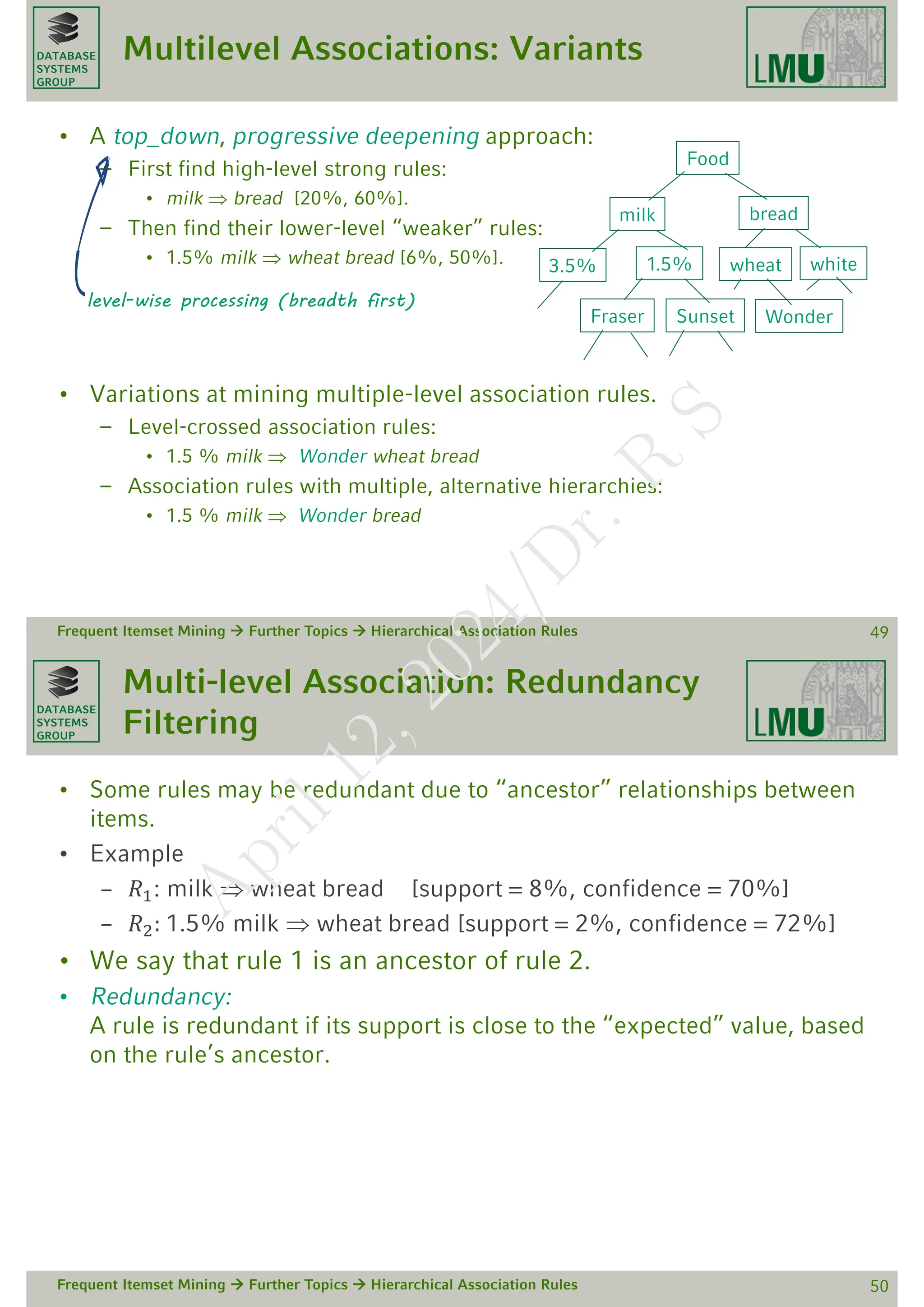 DATABASE
SYSTEMS
GROUP
Multilevel Associations: Variants
• A top_down, progressive deepening approach:
– First find high-level strong rules:
• milk  bread [20%, 60%].
– Then find their lower-level “weaker” rules:
• 1.5% milk  wheat bread [6%, 50%].
• Variations at mining multiple-level association rules.
– Level-crossed association rules:
• 1.5 % milk  Wonder wheat bread
– Association rules with multiple, alternative hierarchies:
• 1.5 % milk  Wonder bread
Frequent Itemset Mining  Further Topics  Hierarchical Association Rules 49
Food
bread
milk
3.5%
Sunset
Fraser
1.5% white
wheat
Wonder
level-wise processing (breadth first)
DATABASE
SYSTEMS
GROUP
Multi-level Association: Redundancy
Filtering
• Some rules may be redundant due to “ancestor” relationships between
items.
• Example
– 𝑅1: milk  wheat bread [support = 8%, confidence = 70%]
– 𝑅2: 1.5% milk  wheat bread [support = 2%, confidence = 72%]
• We say that rule 1 is an ancestor of rule 2.
• Redundancy:
A rule is redundant if its support is close to the “expected” value, based
on the rule’s ancestor.
Frequent Itemset Mining  Further Topics  Hierarchical Association Rules 50
A
p
r
i
l
1
2
,
2
0
2
4
/
D
r
.
R
S
 