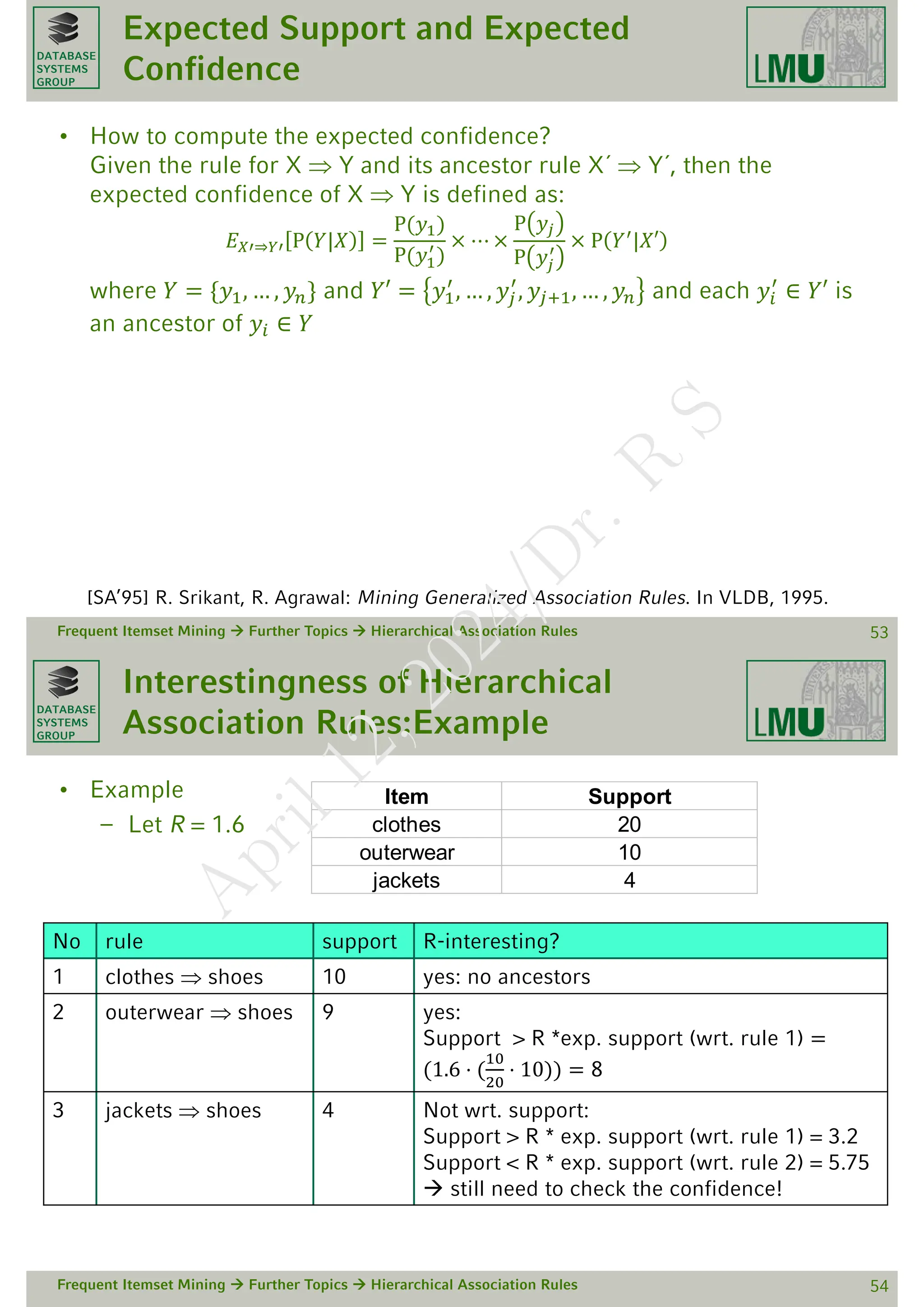 DATABASE
SYSTEMS
GROUP
Expected Support and Expected
Confidence
• How to compute the expected confidence?
Given the rule for X  Y and its ancestor rule X´  Y´, then the
expected confidence of X  Y is defined as:
𝐸𝑋′⇒𝑌′ P 𝑌|𝑋 =
P(𝑦1)
P(𝑦1
′
)
× ⋯ ×
P 𝑦𝑗
P 𝑦𝑗
′
× P 𝑌′|𝑋′
where 𝑌 = {𝑦1, … , 𝑦𝑛} and 𝑌′ = 𝑦1
′
, … , 𝑦𝑗
′
, 𝑦𝑗+1, … , 𝑦𝑛 and each 𝑦𝑖
′
∈ 𝑌′ is
an ancestor of 𝑦𝑖 ∈ 𝑌
Frequent Itemset Mining  Further Topics  Hierarchical Association Rules 53
[SA’95] R. Srikant, R. Agrawal: Mining Generalized Association Rules. In VLDB, 1995.
DATABASE
SYSTEMS
GROUP
Interestingness of Hierarchical
Association Rules:Example
• Example
– Let R = 1.6
•
Frequent Itemset Mining  Further Topics  Hierarchical Association Rules 54
Item Support
clothes 20
outerwear 10
jackets 4
No rule support R-interesting?
1 clothes  shoes 10 yes: no ancestors
2 outerwear  shoes 9 yes:
Support > R *exp. support (wrt. rule 1) =
(1.6 ⋅ (
10
20
⋅ 10)) = 8
3 jackets  shoes 4 Not wrt. support:
Support > R * exp. support (wrt. rule 1) = 3.2
Support < R * exp. support (wrt. rule 2) = 5.75
 still need to check the confidence!
A
p
r
i
l
1
2
,
2
0
2
4
/
D
r
.
R
S
 