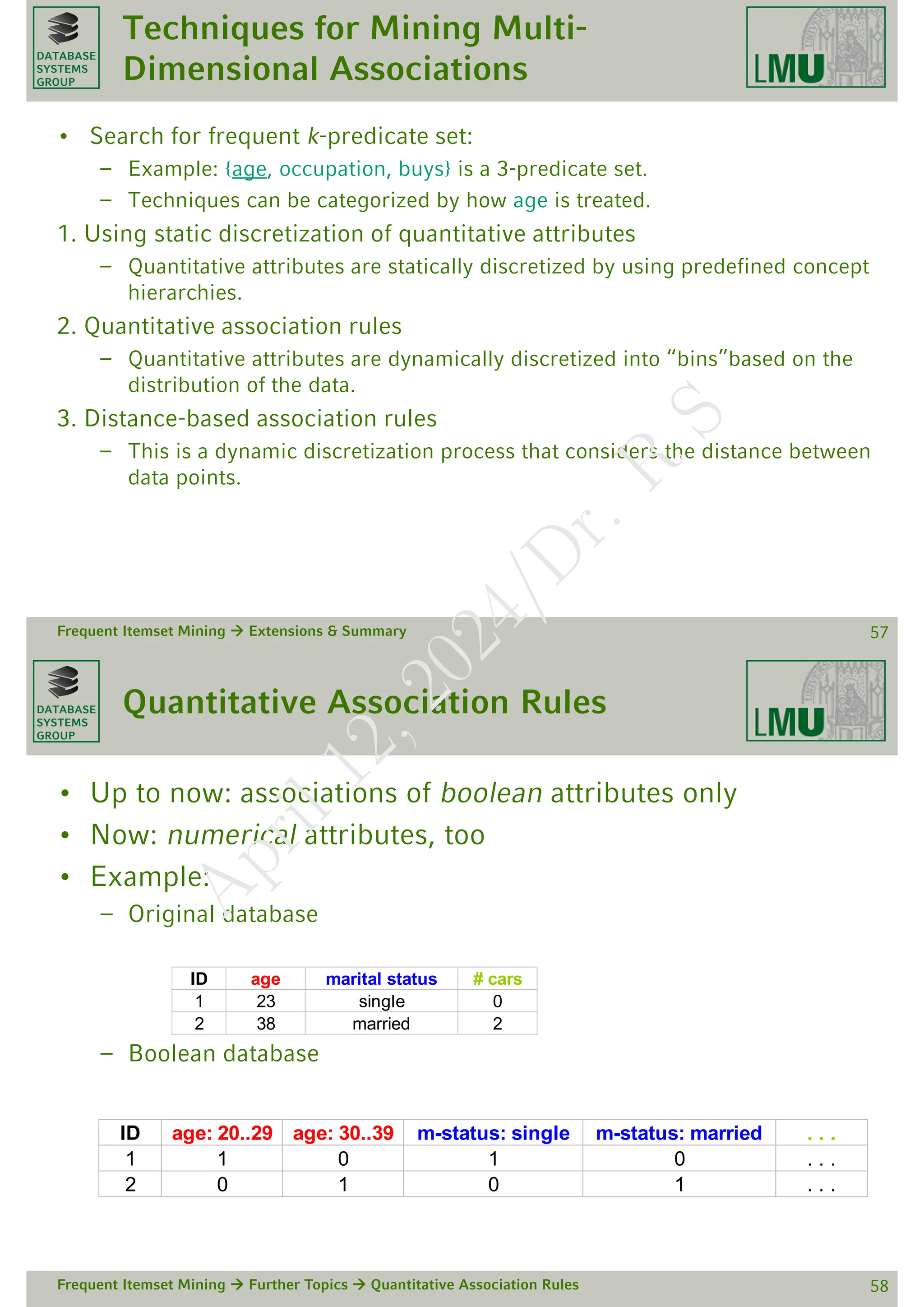 DATABASE
SYSTEMS
GROUP
Techniques for Mining Multi-
Dimensional Associations
• Search for frequent k-predicate set:
– Example: {age, occupation, buys} is a 3-predicate set.
– Techniques can be categorized by how age is treated.
1. Using static discretization of quantitative attributes
– Quantitative attributes are statically discretized by using predefined concept
hierarchies.
2. Quantitative association rules
– Quantitative attributes are dynamically discretized into “bins”based on the
distribution of the data.
3. Distance-based association rules
– This is a dynamic discretization process that considers the distance between
data points.
Frequent Itemset Mining  Extensions & Summary 57
DATABASE
SYSTEMS
GROUP
Quantitative Association Rules
• Up to now: associations of boolean attributes only
• Now: numerical attributes, too
• Example:
– Original database
– Boolean database
Frequent Itemset Mining  Further Topics  Quantitative Association Rules 58
ID age marital status # cars
1 23 single 0
2 38 married 2
ID age: 20..29 age: 30..39 m-status: single m-status: married . . .
1 1 0 1 0 . . .
2 0 1 0 1 . . .
A
p
r
i
l
1
2
,
2
0
2
4
/
D
r
.
R
S
 