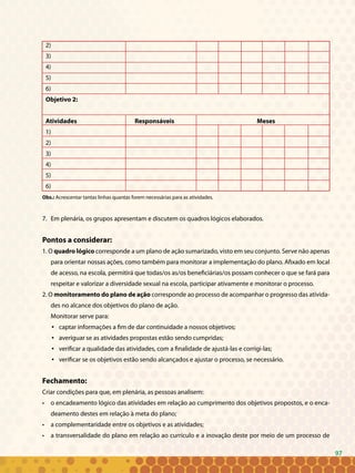 97
2)							
3)							
4)							
5)							
6)							
Objetivo 2:
Atividades 			 Responsáveis				 Meses
1)							
2)							
3)							
4)							
5)							
6)							
Obs.: Acrescentar tantas linhas quantas forem necessárias para as atividades.
Em plenária, os grupos apresentam e discutem os quadros lógicos elaborados.7.	
Pontos a considerar:
1. O quadro lógico corresponde a um plano de ação sumarizado, visto em seu conjunto. Serve não apenas
para orientar nossas ações, como também para monitorar a implementação do plano. Afixado em local
de acesso, na escola, permitirá que todas/os as/os beneficiárias/os possam conhecer o que se fará para
respeitar e valorizar a diversidade sexual na escola, participar ativamente e monitorar o processo.
2. O monitoramento do plano de ação corresponde ao processo de acompanhar o progresso das ativida-
des no alcance dos objetivos do plano de ação.
Monitorar serve para:
captar informações a fim de dar continuidade a nossos objetivos;•	
averiguar se as atividades propostas estão sendo cumpridas;•	
verificar a qualidade das atividades, com a finalidade de ajustá-las e corrigi-las;•	
verificar se os objetivos estão sendo alcançados e ajustar o processo, se necessário.•	
Fechamento:
Criar condições para que, em plenária, as pessoas analisem:
• 	 o encadeamento lógico das atividades em relação ao cumprimento dos objetivos propostos, e o enca-
deamento destes em relação à meta do plano;
• 	 a complementaridade entre os objetivos e as atividades;
• 	 a transversalidade do plano em relação ao currículo e a inovação deste por meio de um processo de
97
 