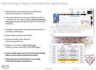 Web mining of dataset metadata (or: dataset KGs)
 Harvesting from open data portals (e.g. DCAT/VoID-
metadata on DataHub.io, DataCite etc.)
 Information extraction on long tail of Web documents?
=> dynamics & scale: approx. 50 trn (50.000.000.000.000)
Web pages indexed by Google (plus gazillion of temporal
snapshots)
 Embedded markup (RDFa, Microdata, Microformats) for
annotation of Web pages
 Supports Web search & interpretation
 Pushed by Google, Yahoo, Bing et al
(schema.org vocabulary)
 Adoption on the Web by 38% all Web pages
(sample: Common Crawl 2016, 3.2 bn Web pages)
 Easily accesible, large-scale source of factual knowledge
(about research data & research information)
 Large-scale source of training data, e.g. manually
annotated Web pages citing datasets
Facts (“quads”)
node1 name WB Commodity URI-1
node1 distribution node_xy URI-1
node1 creator Worldbank URI-1
node1 dateCreated 26 April 2017 URI-1
node2 creator World Bank URI-2
node2 encodingFormat text/CSV URI-2
node3 dateCreated 26 April 2007 URI-3
node3 keywords crude URI-3
<div itemscope itemtype ="http://schema.org/Dataset">
<h1 itemprop="name">World Bank-Commodity Prices</h1>
<span itemprop=„distribution">URL-X</span>
<span itemprop=„license">CC-BY</span>
...
</div>
17/03/20 8Stefan Dietze
 