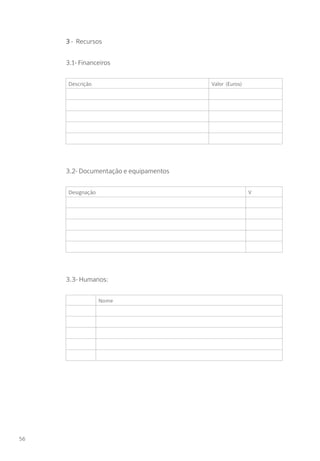 3 - Recursos
3.1- Financeiros
Descrição Valor (Euros)
3.2- Documentação e equipamentos
Designação V
3.3- Humanos:
Nome
56
 