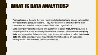 WHAT IS DATA ANALYTICS?
• For businesses, the data they use may include historical data or new information
they collect for a particular initiative. They may also collect it first-hand from their
customers and site visitors or purchase it from other organizations.
• Data a company collects about its own customers is called first-party data, data a
company obtains from a known organization that collected it is called second-party
data, and aggregated data a company buys from a marketplace is called third-party
data. The data a company uses may include information about an audience’s
demographics, their interests, behaviors and more.
 