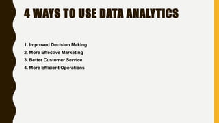 4 WAYS TO USE DATA ANALYTICS
1. Improved Decision Making
2. More Effective Marketing
3. Better Customer Service
4. More Efficient Operations
 