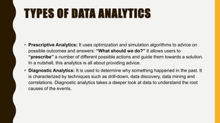 TYPES OF DATA ANALYTICS
• Prescriptive Analytics: It uses optimization and simulation algorithms to advice on
possible outcomes and answers: “What should we do?” It allows users to
“prescribe” a number of different possible actions and guide them towards a solution.
In a nutshell, this analytics is all about providing advice.
• Diagnostic Analytics: It is used to determine why something happened in the past. It
is characterized by techniques such as drill-down, data discovery, data mining and
correlations. Diagnostic analytics takes a deeper look at data to understand the root
causes of the events.
 