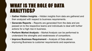 WHAT IS THE ROLE OF DATA
ANALYTICS?
• Gather Hidden Insights – Hidden insights from data are gathered and
then analyzed with respect to business requirements.
• Generate Reports – Reports are generated from the data and are
passed on to the respective teams and individuals to deal with further
actions for a high rise in business.
• Perform Market Analysis – Market Analysis can be performed to
understand the strengths and weaknesses of competitors.
• Improve Business Requirement – Analysis of Data allows
improving Business to customer requirements and experience.
 
