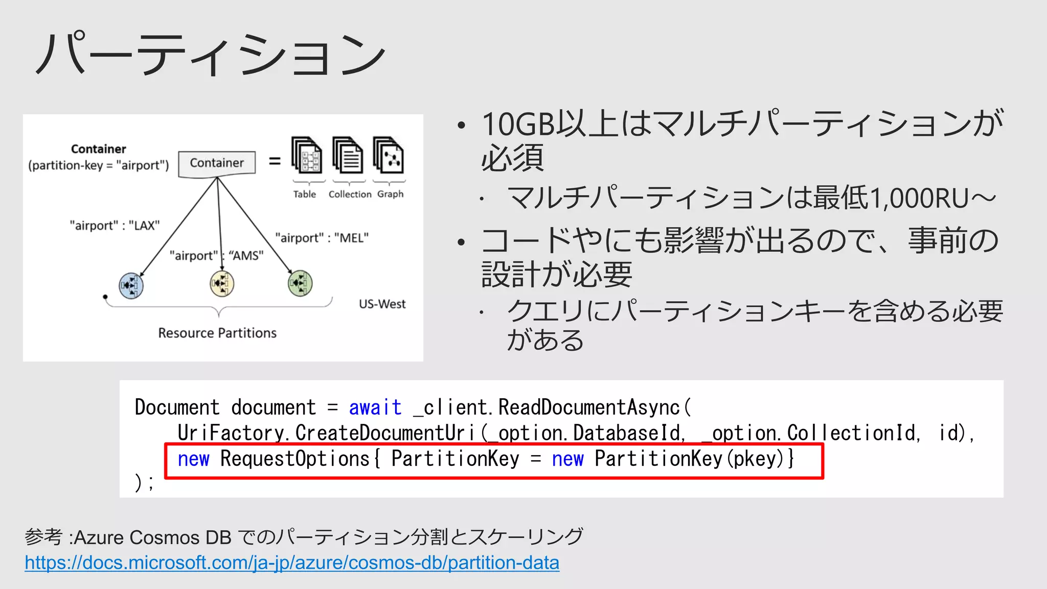 •
•
Document document = await _client.ReadDocumentAsync(
UriFactory.CreateDocumentUri(_option.DatabaseId, _option.CollectionId, id),
new RequestOptions{ PartitionKey = new PartitionKey(pkey)}
);
参考 :Azure Cosmos DB でのパーティション分割とスケーリング
https://docs.microsoft.com/ja-jp/azure/cosmos-db/partition-data
 