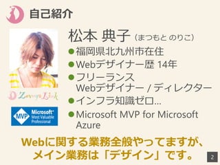 2
福岡県北九州市在住
Webデザイナー歴 14年
フリーランス
Webデザイナー / ディレクター
インフラ知識ゼロ…
Microsoft MVP for Microsoft
Azure
松本 典子（まつもと のりこ）
Webに関する業務全般やってますが、
メイン業務は「デザイン」です。
自己紹介
 