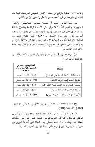 "Le Temps"
.
"

"
"

"

"
"
"

"

"

" "

"

.
(
:

ATCE

. 950

(

)

. 1250
. 625

(
(

)

. 625
. 1250

"

)

(

)

(

)

"

(
.(PDP) "

STB

CTN

" (

)

Tunis Air

)

(
(

"

Planet Magazine

.(

)
58

"

 