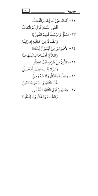 ‫ﺍﳉﺰﺭﻳﺔ‬٨
١٢-‫أدﻧـﺎه‬ُ َْ َ:‫ﺧﺎؤﻫﺎ‬ ‫ﻏﲔ‬َ ُ ٌَ ْ َ،‫و‬َ‫اﻟﻘ‬َ ْ‫ـ‬‫ﺎف‬ُ:
‫َﺎف‬‫ﻜ‬‫اﻟ‬ ‫ﺛﻢ‬ ‫ﻓﻮق‬ ‫اﻟﻠﺴﺎن‬ ‫أﻗﴡ‬ُ ْ ُ ُ َ ‫ﱢ‬ ْ‫ﱠ‬ َ َْ
ِ َ
١٣-‫واﻟﻮﺳ‬‫أﺳﻔﻞ‬ْ َْ َ ُ َ َ‫ـ‬‫ﻳﺎ‬‫اﻟﺸﲔ‬ ‫ﻓﺠﻴﻢ‬‫ﻂ‬َ ُ ‫ﱢ‬ ُ
ِ َ ُ
‫واﻟﻀ‬‫ﱠ‬ َ‫ـ‬‫ﺎد‬ُ:‫ﺣ‬ ‫ﻣﻦ‬َ ْ
ِ‫ـ‬‫ﺎﻓﺘ‬ِ َ‫ـ‬َ‫ـ‬‫وﻟﻴ‬ ‫إذ‬ ‫ﻪ‬ِ ِ
َ ْ ِ‫ـﺎ‬
١٤-‫اﻷ‬َ‫أﻳﺴ‬ ‫ﻣﻦ‬ ‫ﴐاس‬َ ْ ْ ََ ِ
َ ْ‫ـ‬‫ﻳﻤﻨﺎﻫﺎ‬ ‫ﺮأو‬َ َ ْ َُ ْ َ
‫واﻟـﻼم‬ُ ‫ﱠ‬ َ:َ‫ـ‬‫أدﻧ‬ْ َ‫ــ‬‫ﻟ‬ ‫ﺎﻫﺎ‬ِ
َ‫ـ‬‫ﻤﻨ‬ْ ُ‫ـ‬‫ﺘ‬َ‫ـ‬‫َﺎ‬‫ـ‬‫ﻬﺎﻫـ‬َ
١٥-‫ﻃ‬‫ﻣﻦ‬ ‫واﻟﻨﻮن‬َ ُْ َ
ِ ‫ﱡ‬‫ـ‬‫اﺟﻌﻠﻮا‬ ‫ﲢﺖ‬‫ﺮﻓﻪ‬ُ َ ْ ُ ْ َ ِ ِ
َ
‫واﻟ‬َ‫ـ‬‫ﺮا‬‫ﱠ‬:‫ﻳﺪاﻧﻴ‬ِ َ ُ‫ـ‬‫ﻟﻈ‬ ‫ﻪ‬َ ِ ِ‫ـ‬‫أدﺧ‬ ‫ﻬﺮ‬َ ْ َْ ٍ‫ـ‬‫ــ‬‫ـ‬‫ﻞ‬ُ
١٦-‫واﻟﻄ‬‫ﱠ‬ َ‫ـ‬‫وﻣ‬ ‫ﻣﻨـﻪ‬ ‫وﺗﺎ‬ ‫واﻟﺪال‬ ‫ﺎء‬ِ ِ
َ ُ َ َْ َ ‫ﱠ‬ُ ُ‫ـ‬‫ﻦ‬ْ
‫و‬ ‫اﻟﺜﻨﺎﻳﺎ‬ ‫ﻋﻠﻴﺎ‬َ َ ََ ‫ﱠ‬ ْ ُ‫ﻣﺴﺘ‬ ‫اﻟﺼﻔﲑ‬َ ْ ُ ُ
ِ
‫ﱠ‬‫ـﻜﻦ‬ّ
ِ
١٧-‫اﻟﺴﻔ‬ ‫اﻟﺜﻨﺎﻳﺎ‬ ‫ﻓﻮق‬ ‫وﻣﻦ‬ ‫ﻣﻨﻪ‬ْ ‫ﱠ‬ َ‫ﱡ‬ َ ْ ْ َ َُ ِْ ِ ِ‫ـ‬‫ﻠـﻰ‬َ
‫واﻟﻈ‬‫ﱠ‬ َ‫ـ‬‫ــ‬‫واﻟ‬ ‫ﺎء‬َ ُ‫ـ‬‫وﺛ‬ ‫ﺬال‬َ ُ ‫ﱠ‬َ‫ـ‬‫َﺎ‬‫ـ‬‫ﻟﻠﻌﻠﻴـ‬ ‫ﺎ‬ْ ُْ
ِ
 