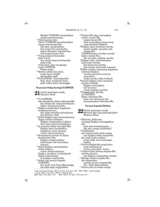 587
Biarlah YAHWEH mengabulkan
segala permohonanmu.
7 Sekarang aku tahu,
bahwa YAHWEH menyelamatkan
orang yang diurapi-Nya;
Dia akan menjawabnya
dari surga-Nya yang kudus,
dalam kekuatan keselamatan
oleh tangan kanan-Nya.
8 Orang-orang ini bersandar
pada kereta
dan orang-orang itu bersandar
pada kuda,
tetapi kami akan mengingat
nama YAHWEH,
Elohim kami.
9 Mereka takluk dan jatuh,
tetapi kami bangkit
dan berdiri tegak.
10YaYAHWEH, selamatkanlah!
Raja akan menjawab kami
pada waktu kami memanggil.
NyanyianSukacitabagiYAHWEH
21Untuk pemimpin musik.
Mazmur Daud.
2 YaYAHWEH,
raja bersukacita dalam kekuatan-Mu,
dan betapa dia sangat bersukacita
dalam keselamatan-Mu.
3 Engkau memberikan kepadanya
keinginanhatinya;
dan tidak menahan permohonan
dari bibirnya. Sela.
4 Sebab Engkau akan menyambutnya
dengan berkat kebaikan;
Engkau mengenakan mahkota
dari emas murni di kepalanya.
5 Ia meminta hidup dari pada-Mu;
Engkau akan memberikan
kepadanya umur panjang
untuk selama-lamanya.
6 Kemuliaannya besar di dalam
keselamatan-Mu;
Engkaumengaruniakan
kehormatan dan kemuliaan
atasnya.
7 Sebab Engkau menempatkan
berkat baginya
untuk selama-lamanya;
Engkau membuat ia bersukacita
dalam kegembiraan
di hadapan hadirat-Mu.
8 Sebab raja percaya kepada
YAHWEH,
dan kasih setia Yang Mahatinggi,
dia tidak akan tergoyahkan.
9 Tangan-Mu akan menangkap
semua musuh-Mu,
tangan kanan-Mu
akanmenangkaporang-orang
yangmembenciEngkau.
10Engkau akan membuat mereka
seperti tungku api pada saat
murka-Mu;
YAHWEH akan menelan mereka
dalam murka-Nya,
dan api akan melalap mereka.
11Engkau akan membinasakan
hasil bumi mereka,
danketurunanmereka
dari antara anak-anak manusia.
12Sebab mereka merancang kejahatan
melawanEngkau;
mereka menyusun rencana
yang jahat;
tetapi mereka tidak berhasil,
13karena Engkau akan membuat
mereka berbalik;
Engkaumenyiapkan
tali busurmu
untuk melawan mereka.
14Tinggikanlah diri-Mu,
yaYAHWEH,
dalam kekuatan-Mu;
kami mau bernyanyi dan
memazmurkan kekuatan-Mu.
SeruankepadaElohim
22Untuk pemimpin musik.
Menurutlagurusapadakalafajart.
Mazmur Daud.
2 Elohimku,Elohimku,
mengapa Engkau meninggalkan
aku,
jauh dari keselamatanku,
dan dari ucapan rintihanku?
3 YaElohimku,
aku berseru pada waktu siang,
tapi Engkau tidak menjawab;
dan pada waktu malam,
tetapi tidak ada ketenangan
bagiku.
4 NamunEngkaulahyangkudus,
yang bersemayam
di atas puji-pujian Israel.
5 Leluhur kami percaya kepada-Mu;
mereka percaya,
dan Engkau meluputkan mereka.
6 Mereka berseru kepada-Mu,
dan diluputkan;
mereka percaya kepada-Mu,
dan tidak dipermalukan.
7 Namun aku ini seekor cacingu
t
lagu rusa pada kala fajar (JGLT: the deer of the dawn; MT: rxvh tlya) = Ayelet hashahar.
u
cacing (JGLT: worm; MT: t[lwt) = belatung, ulat.
22:1= Mat. 27:46; Mrk. 15:34 22:7= Mat. 27:39; Mrk. 15:29; Luk. 23:35
MAZMUR 20, 21, 22
 