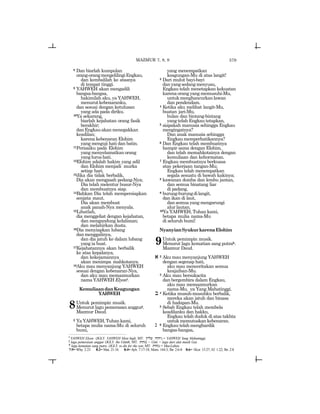 579
8 Dan biarlah kumpulan
orang-orangmengelilingiEngkau,
dan kembalilah ke atasnya
di tempat tinggi.
9 YAHWEH akan mengadili
bangsa-bangsa,
hakimilah aku, ya YAHWEH,
menurutkebenaranku,
dan sesuai dengan ketulusan
yang ada pada diriku.
10Ya sekarang,
biarlah kejahatan orang fasik
berakhir;
danEngkauakanmenegakkan
keadilan;
karena kebenaran Elohim
yang menguji hati dan batin.
11Perisaiku pada Elohim
yang menyelamatkan orang
yanglurushati.
12Elohim adalah hakim yang adil
dan Elohim menjadi murka
setiap hari.
13Jika dia tidak berbalik,
Dia akan mengasah pedang-Nya;
Dia telah melentur busur-Nya
dan membuatnya siap.
14Bahkan Dia telah mempersiapkan
senjata maut.
Dia akan membuat
anak panah-Nya menyala.
15Lihatlah,
dia menggeliat dengan kejahatan,
dan mengandung kelaliman;
dan melahirkan dusta.
16Dia menyiapkan lubang
danmenggalinya,
dan dia jatuh ke dalam lubang
yang ia buat.
17Kejahatannya akan berbalik
ke atas kepalanya,
dan kekejamannya
akan menimpa mahkotanya.
18Aku mau menyanjung YAHWEH
sesuai dengan kebenaran-Nya,
dan aku mau memazmurkan
nama YAHWEH Elyoni.
KemuliaandanKeagungan
YAHWEH
8Untuk pemimpin musik.
Menurut lagu pemerasan anggurj.
Mazmur Daud.
2 Ya YAHWEH, Tuhan kami,
betapa mulia nama-Mu di seluruh
bumi,
yang menempatkan
keagungan-Mu di atas langit!
3 Dari mulut bayi-bayi
danyangsedangmenyusu,
Engkau telah menetapkan kekuatan
karena orang yang memusuhi-Mu,
untukmenghancurkanlawan
dan pendendam.
4 Ketika aku melihat langit-Mu,
buatan jari-Mu,
bulan dan bintang-bintang
yang telah Engkau tetapkan,
5 siapakah manusia sehingga Engkau
mengingatnya?
Dan anak manusia sehingga
Engkaumemperhatikannya?
6 Dan Engkau telah membuatnya
hampir sama dengan Elohim,
dan telah memahkotainya dengan
kemuliaan dan kehormatan.
7 Engkau membuatnya berkuasa
atas pekerjaan tangan-Mu;
Engkau telah menempatkan
segala sesuatu di bawah kakinya;
8 kawanan domba dan lembu jantan,
dan semua binatang liar
di padang,
9 burung-burungdilangit,
dan ikan di laut,
dan semua yang mengarungi
alur lautan.
10Ya YAHWEH, Tuhan kami,
betapa mulia nama-Mu
di seluruh bumi!
NyanyianSyukurkarenaElohim
9Untuk pemimpin musik.
Menurut lagu kematian sang putrak.
Mazmur Daud.
a 2 Aku mau menyanjung YAHWEH
dengan segenap hati,
aku mau menceritakan semua
keajaiban-Mu.
3 Aku mau bersukacita
dan bergembira dalam Engkau,
aku mau memazmurkan
nama-Mu, ya Yang Mahatinggi.
b 4 Ketika musuh-musuhku berbalik,
mereka akan jatuh dan binasa
di hadapan-Mu.
5 Sebab Engkau telah membela
keadilanku dan hakku,
Engkau telah duduk di atas takhta
untukmemutuskan kebenaran.
g 6 Engkau telah menghardik
bangsa-bangsa,
i
YAHWEH Elyon (JGLT: YAHWEH Most high; MT: !wyl[ hwhy) = YAHWEH Yang Mahatinggi.
j
lagu pemerasan anggur (JGLT: the Gittith; MT: tytg) = Gitit = lagu dari alat musik Gat.
k
lagu kematian sang putra (JGLT: to die for the son; MT: tytg) = Mut-Laben.
7:9= Why. 2:23 8:2= Mat. 21:16 8:4= Ayb. 7:17-18; Mzm. 144:3; Ibr. 2:6-8 8:6= 1Kor. 15:27; Ef. 1:22; Ibr. 2:8
MAZMUR 7, 8, 9
 