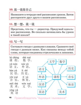 46
10. 说一说你自己
Напишите в тетради своё расписание уроков. Затем
расспросите друг друга о вашем расписании.
11. 想一想、说一说
Представь, что ты — директор. Придумай идеаль-
ное расписание. Во сколько начинались бы уроки
в твоей школе?
12. 写一写
Составьте гнездо с данными словами. Сравните своё
гнездо с данным ниже. Как связаны между собой
слова, которые соединены стрелочками и линиями.
kè shù
课 程、 数 学、
wài
语 文、 外 语、
lì
汉 语、 历 史、
yù
音 乐、 体 育、
shù
美 术、 文 学、
英 语
文学 数学
历史
音乐
体育
美术
英语
汉语
外语
语文
课程
Правообладатель "Адукацыя і выхаванне"
 