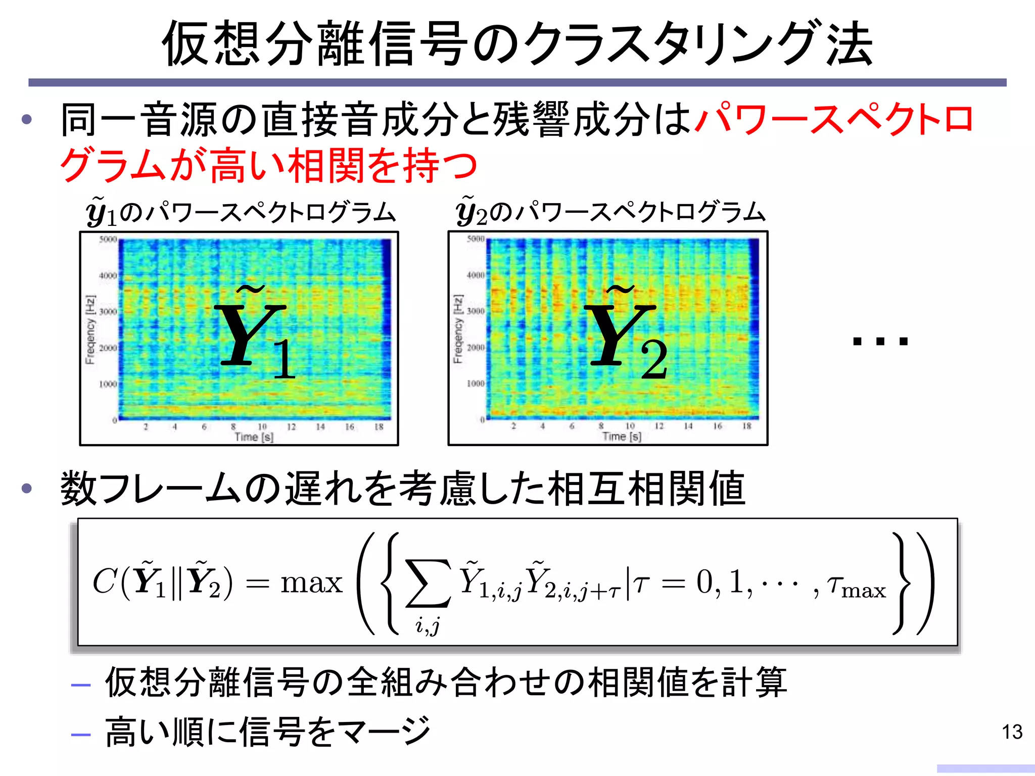 仮想分離信号のクラスタリング法
• 同一音源の直接音成分と残響成分はパワースペクトロ
グラムが高い相関を持つ
• 数フレームの遅れを考慮した相互相関値
– 仮想分離信号の全組み合わせの相関値を計算
– 高い順に信号をマージ 13
のパワースペクトログラム のパワースペクトログラム
・・・
 