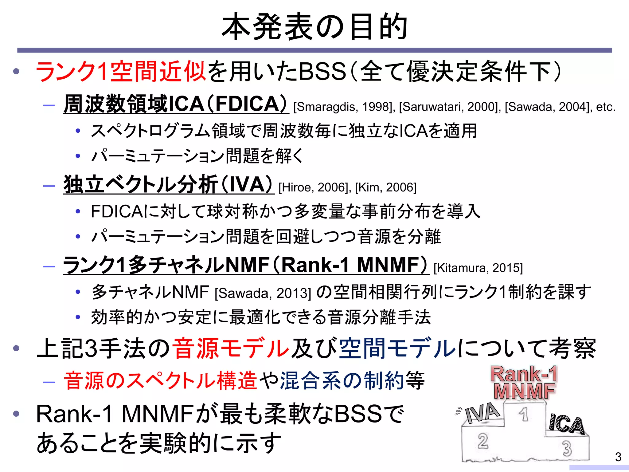 本発表の目的
• ランク1空間近似を用いたBSS（全て優決定条件下）
– 周波数領域ICA（FDICA） [Smaragdis, 1998], [Saruwatari, 2000], [Sawada, 2004], etc.
• スペクトログラム領域で周波数毎に独立なICAを適用
• パーミュテーション問題を解く
– 独立ベクトル分析（IVA） [Hiroe, 2006], [Kim, 2006]
• FDICAに対して球対称かつ多変量な事前分布を導入
• パーミュテーション問題を回避しつつ音源を分離
– ランク1多チャネルNMF（Rank-1 MNMF） [Kitamura, 2015]
• 多チャネルNMF [Sawada, 2013] の空間相関行列にランク1制約を課す
• 効率的かつ安定に最適化できる音源分離手法
• 上記3手法の音源モデル及び空間モデルについて考察
– 音源のスペクトル構造や混合系の制約等
• Rank-1 MNMFが最も柔軟なBSSで
あることを実験的に示す 3
 
