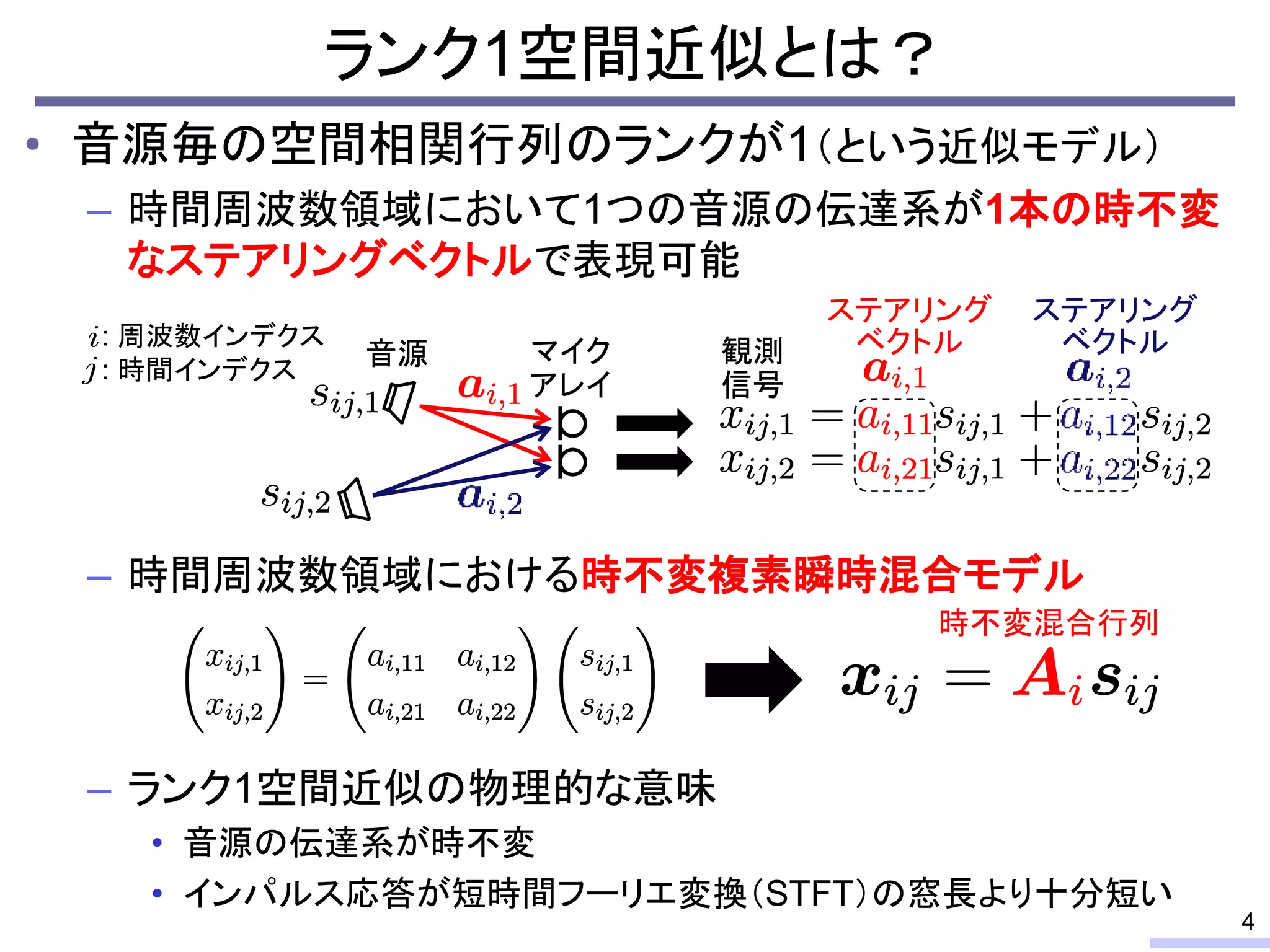 ランク1空間近似とは？
• 音源毎の空間相関行列のランクが1（という近似モデル）
– 時間周波数領域において1つの音源の伝達系が1本の時不変
なステアリングベクトルで表現可能
– 時間周波数領域における時不変複素瞬時混合モデル
– ランク1空間近似の物理的な意味
• 音源の伝達系が時不変
• インパルス応答が短時間フーリエ変換（STFT）の窓長より十分短い
4
マイク
アレイ
観測
信号
音源
: 周波数インデクス
: 時間インデクス
時不変混合行列
ステアリング
ベクトル
ステアリング
ベクトル
 