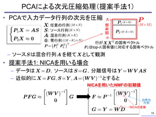 • PCAで入力データ行列の次元を圧縮
– ソース は混合行列 を経て として観測
• 提案手法1: NICAを用いる場合
– データは ，ソースは ，分離信号は
– 近似的に とすると
PCAによる次元圧縮処理（提案手法1）
11
行が の固...