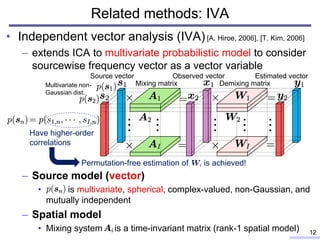 Related methods: IVA
• Independent vector analysis (IVA)[A. Hiroe, 2006], [T. Kim, 2006]
– extends ICA to multivariate probabilistic model to consider
sourcewise frequency vector as a vector variable
– Source model (vector)
• is multivariate, spherical, complex-valued, non-Gaussian, and
mutually independent
– Spatial model
• Mixing system is a time-invariant matrix (rank-1 spatial model) 12
…
…
Mixing matrix
…
…
…
Observed vector
Demixing matrix
Estimated vector
Multivariate non-
Gaussian dist.
Have higher-order
correlations
Permutation-free estimation of is achieved!
Source vector
 