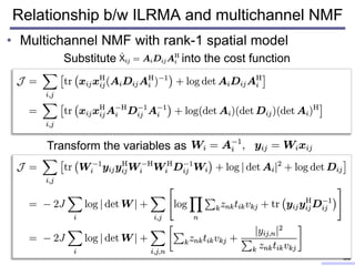 Relationship b/w ILRMA and multichannel NMF
• Multichannel NMF with rank-1 spatial model
30
Substitute into the cost function
Transform the variables as
 