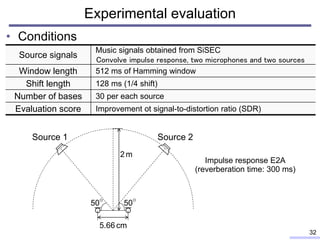 Experimental evaluation
• Conditions
32
Source signals
Music signals obtained from SiSEC
Convolve impulse response, two microphones and two sources
Window length 512 ms of Hamming window
Shift length 128 ms (1/4 shift)
Number of bases 30 per each source
Evaluation score Improvement ot signal-to-distortion ratio (SDR)
2 m
Source 1
5.66 cm
50 50
Source 2
Impulse response E2A
(reverberation time: 300 ms)
 
