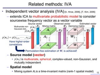 Related methods: IVA
• Independent vector analysis (IVA)[A. Hiroe, 2006], [T. Kim, 2006]
– extends ICA to multivariate pro...