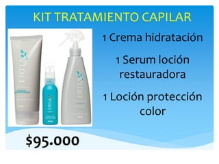 KIT TRATAMIENTO CAPILAR
1 Crema hidratación
1 Serum loción
restauradora
1 Loción protección
color
$95.000
 