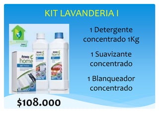 KIT LAVANDERIA I
1 Detergente
concentrado 1Kg
1 Suavizante
concentrado
1 Blanqueador
concentrado
$108.000
 