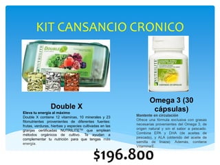KIT CANSANCIO CRONICO
$196.800
Double X
Eleva tu energía al máximo
Double X contiene 12 vitaminas, 10 minerales y 23
fitonutrientes provenientes de diferentes fuentes:
frutas, verduras, hierbas y especies cultivadas en las
granjas certificadas NUTRILITETM que emplean
métodos orgánicos de cultivo. Te ayudan a
complementar tu nutrición para que tengas más
energía.
 