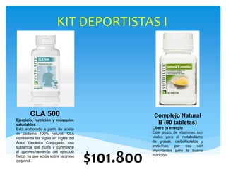 KIT DEPORTISTAS I
$101.800
CLA 500
Ejercicio, nutrición y músculos
saludables
Está elaborado a partir de aceite
de cártamo 100% natural. CLA
representa las siglas en inglés del
Ácido Linoleico Conjugado, una
sustancia que nutre y contribuye
al aprovechamiento del ejercicio
físico, ya que actúa sobre la grasa
corporal.
Complejo Natural
B (90 tabletas)
Libera tu energía
Este grupo de vitaminas son
vitales para el metabolismo
de grasas, carbohidratos y
proteínas, por eso son
importantes para la buena
nutrición.
.
 