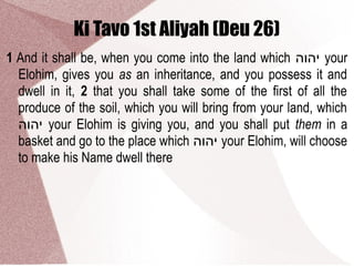 Ki Tavo 1st Aliyah (Deu 26)
1 And it shall be, when you come into the land which ‫יהוה‬ your
Elohim, gives you as an inheritance, and you possess it and
dwell in it, 2 that you shall take some of the first of all the
produce of the soil, which you will bring from your land, which
‫יהוה‬ your Elohim is giving you, and you shall put them in a
basket and go to the place which ‫יהוה‬ your Elohim, will choose
to make his Name dwell there
 