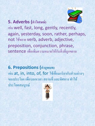 5. Adverbs (คาวิเศษณ์ )
เช่น well, fast, long, gently, recently,
again, yesterday, soon, rather, perhaps,
not ใช้ขยาย verb, adverb, adjective,
preposition, conjunction, phrase,
                               ั
sentence เพื่อเพิ่มความหมายให้กบสิ่ งที่ถกขยาย
                                         ู


6. Prepositions (คาบุพบท)
เช่น at, in, into, of, for ใช้เชื่อมกริ ยากับส่ วนต่างๆ
ของประโยค เพื่อบอกเวลา สถานที่ และทิศทาง ทาให้
ประโยคสมบูรณ์
 