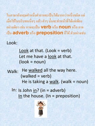 ในภาษาอังกฤษคาหนึ่ งคาอาจจะเป็ นได้มากกว่าหนึ่ งชนิ ด แต่
เมื่อใช้ในบริ บทหนึ่งๆ แล้ว คาๆ นั้นจะทาหน้าที่ได้แค่เพียง
อย่างเดียว เช่น อาจจะเป็ น verb หรื อ noun หรื อ อาจ
เป็ น adverb หรื อ preposition ก็ได้ ตัวอย่างเช่น

Look:
         Look at that. (Look = verb)
         Let me have a look at that.
         (look = noun)
Walk: He walked all the way here.
      (walked = verb)
       He is taking a walk. (walk = noun)
   In: Is John in? (in = adverb)
       In the house. (In = preposition)
 