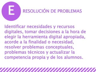 E RESOLUCIÓN DE PROBLEMAS
Identificar necesidades y recursos
digitales, tomar decisiones a la hora de
elegir la herramienta digital apropiada,
acorde a la finalidad o necesidad,
resolver problemas conceptuales,
problemas técnicos y actualizar la
competencia propia y de los alumnos.
 