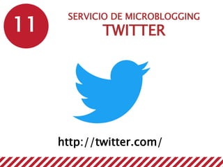 11
SERVICIO DE MICROBLOGGING
TWITTER
http://twitter.com/
 