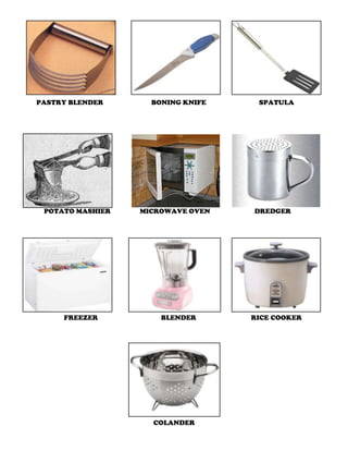 PASTRY BLENDER BONING KNIFE SPATULA
POTATO MASHIER MICROWAVE OVEN DREDGER
FREEZER BLENDER RICE COOKER
COLANDER
 