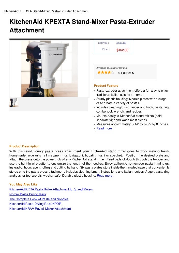 Kitchenaid Kpexta Stand Mixer Pasta Extruder Attachment