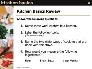 ©Learning ZoneXpress
33
Kitchen Basics Review
1. Name three work centers in a kitchen.
2. Label the following tools.
(Show examples.)
3. Name the two main types of cooking that are
done with the stove.
4. How would you measure the following
ingredients?
Flour Brown Sugar 1 tsp. Vanilla
Answer the following questions:
 