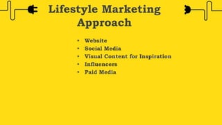 • Website
• Social Media
• Visual Content for Inspiration
• Influencers
• Paid Media
Lifestyle Marketing
Approach
 